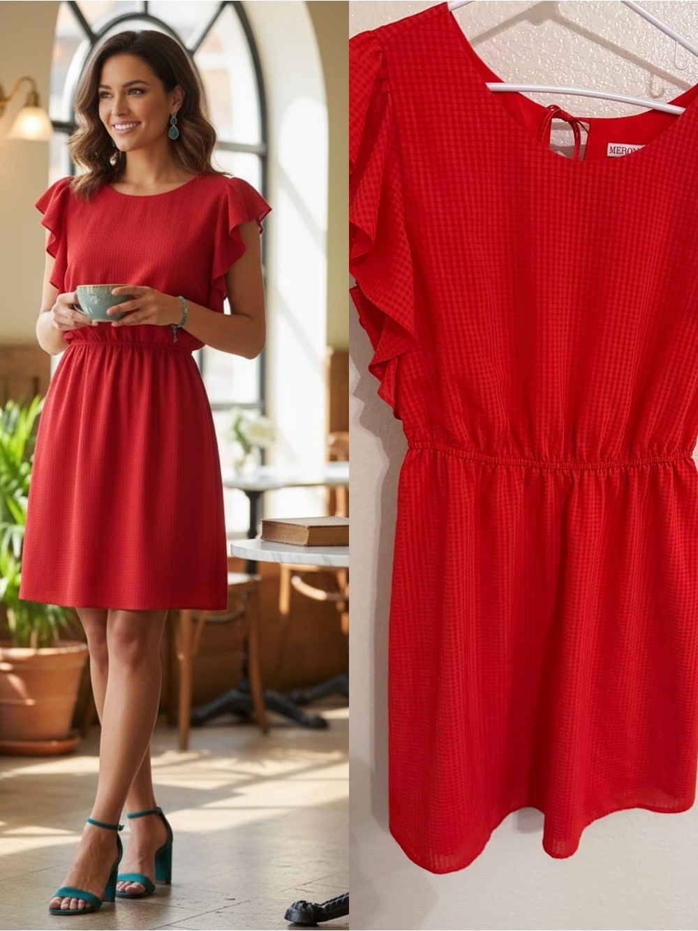 Merona Red Textured Flutter Sleeve Dress Medium Elastic Waist M